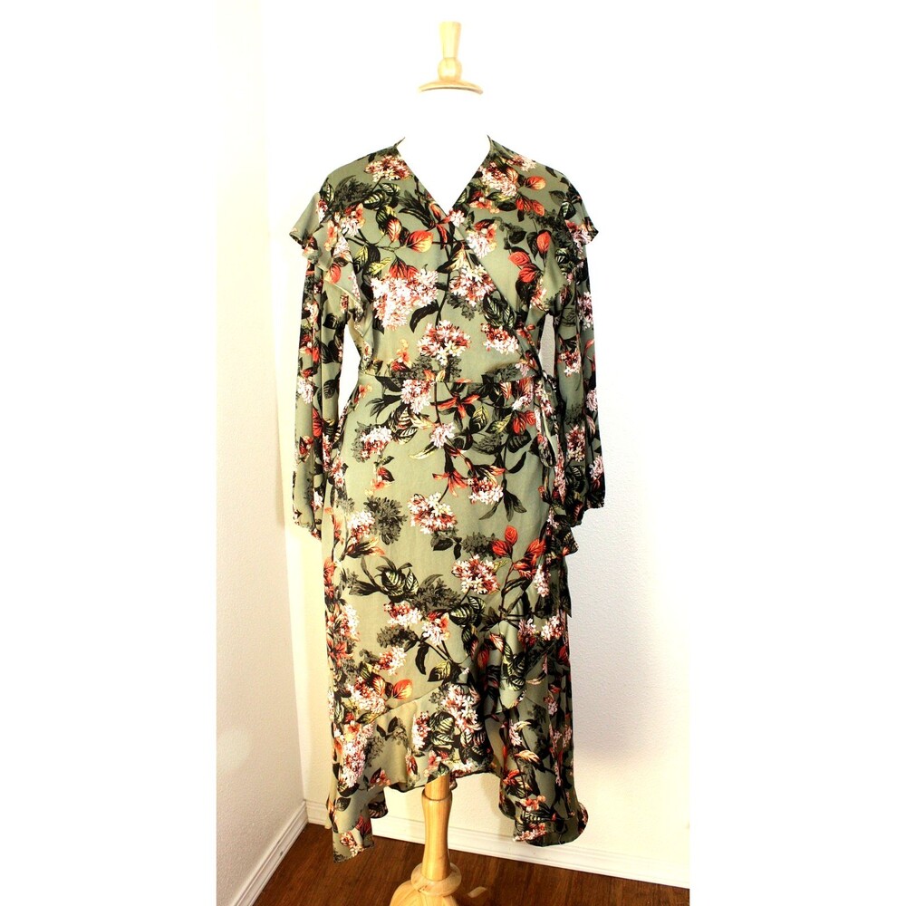 NWOT GIGI PARKER Ruffled Wrap Dress Hi-Low Long Sl. Green Orange Floral XXL #04
